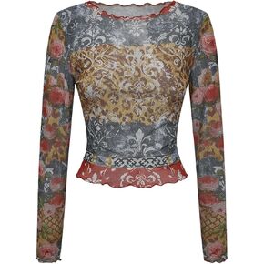 Milumia Women's Vintage Lettuce Trim Tee Shirt Paisley Print Long Sleeve Sheer Mesh Tops