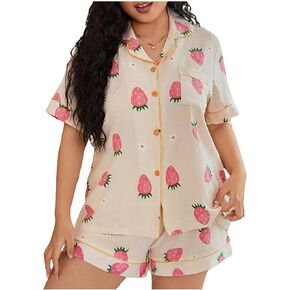 WDIRARA Women's Plus Size Graphic Print Collared Neck Short Sleeve Button Front Pajama Set with Shorts