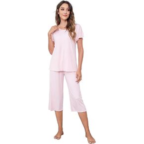 QUALFORT Bamboo Viscose Pajamas for Women Soft Capri Pants Loungewear S-3XL