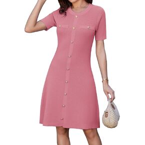 GRACE KARIN Womens 2025 Ribbed Knit Tweed Dresses Short Sleeve Crewneck A Line Mini Sweater Dress with Decorative Buttons