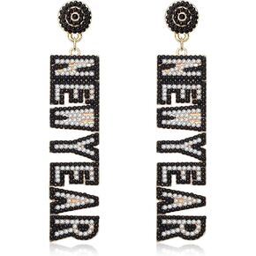 Happy New Year Earrings for Women Beaded Holiday Earrings Rhinestone NEW YEAR Letter Dangle Earrings 2024 New Year's Eve Festive Party Jewelry Gifts in Kuwait