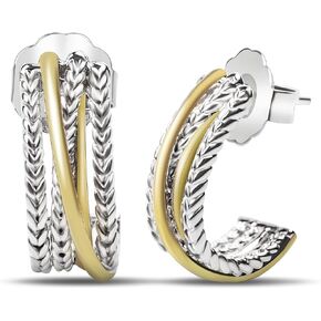 18K Gold Plated Twisted Cable Hoop Earrings Designer Inspired Two Toned C Hoop Earrings for Women Gift