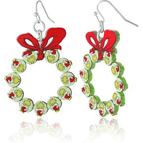 The Grinch Christmas Wreath Earrings for Women Official License, Fashion Dangle Grinch Earrings Gifts