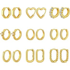 Gold Hoop Earrings Set for Women, 14K Gold Plated Huggie Hoop Earring Hypoallergenic Open Lightweight Earrings Cubic Zirconia Cartilage Tiny Earrings Jewelry for Women Gift