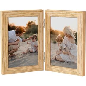 Axeman 5x7 Double Picture Frame - Solid Oak Wood Vertical Hinged 5x7 Photo Frame 2 Opening Folding Family Frames Collage With Real Glass for Tabletop Display, Hanging Hardware Included | Walnut
