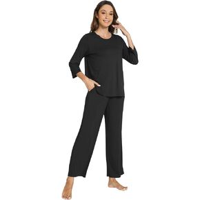 WiWi Pajama Sets for Women Viscose from Bamboo 2 Piece 3/4 Sleeve Sleepwear with Pocket Crew Neck Pajamas S-XXL