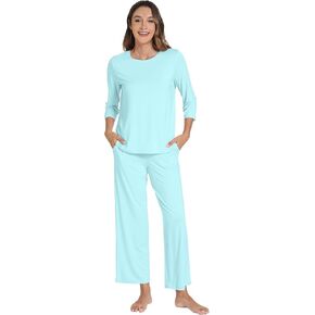 طقم بيجامة WiWi للنساء فيسكوز من الخيزران 2 قطعة 3/4 كم ملابس نوم مع جيب بيجامة برقبة دائرية S-XXL