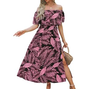 CUPSHE Women Ruffle Floral Maxi Summer Dress Off Shoulder Short Sleeve Backless Flounce Bodice Slit Hem Beach Dresses