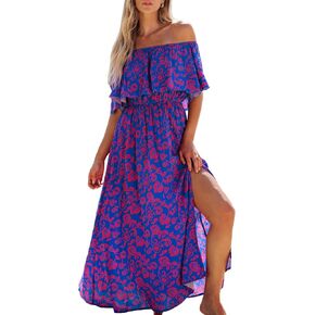CUPSHE Women Ruffle Floral Maxi Summer Dress Off Shoulder Short Sleeve Backless Flounce Bodice Slit Hem Beach Dresses in Kuwait