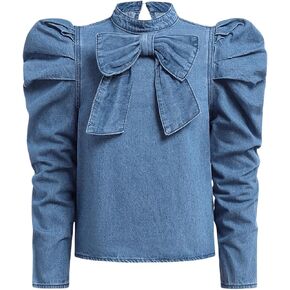 Floerns Girl's Cute Mock Neck Bow Blouses Gigot Long Sleeve Denim Tops