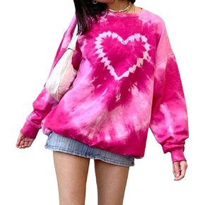 Aopwsrlyi Women's Long Sleeve Crew Neck Tie Dye Sweatshirt Heart Print Preppy Clothes Valentine's Day Shirt Pullover Tops