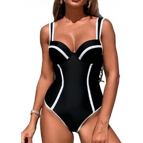 Tummy Control Swimsuits for Women Slimming One Piece Bathing Suit Color Block V Neck Swimwear