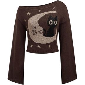 SOLY HUX Women's Sweater Cat Moon Graphic Off Shoulder Bell Long Sleeve Knit Pullover Tops