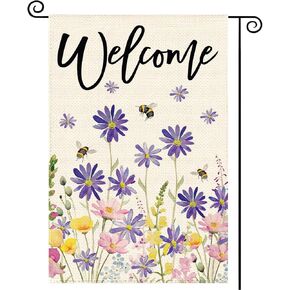 Spring Wildflower Garden Flag 12x18 Double Sided Purple Burlap Bee Floral Welcome Holiday Yard Outdoor Decorative Flag