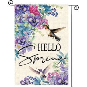 Hello Spring Hummingbird Garden Flag 12 x 18 Inch Double Sided Burlap Floral Eucalyptus Pansy Holiday Yard Outdoor Decorative Flag