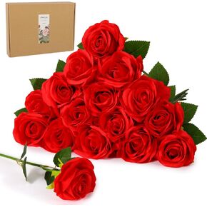 20 PCs Red Roses Artificial Silk Flowers, 4’’Big Flower Head Artificial Roses with Long Stems, Realistic Fake Roses Bulk for Home Wedding Bouquet Arrangements Party Decoration