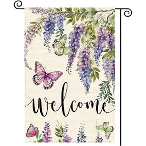 Spring Summer Floral Garden Flag 12x18 Inch Double Sided Wisteria Butterfly Flower Welcome Holiday Burlap Small Yard Outdoor Decorative Flag