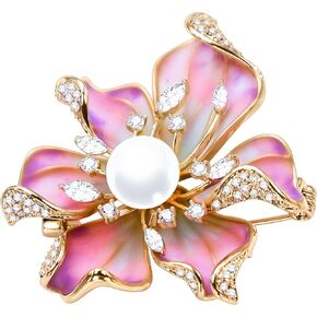 Brooches For Women,14k Gold Plated Copper,Pearl peony Enamel Brooch Pins For Women ，Pearl Broach，Flower Broach