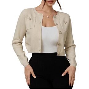 MakeMeChic Women's Crew Neck Button Down Cardigan Sweater Long Sleeve Knitted Crop Cardigans