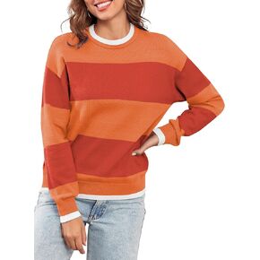 ZAFUL Women's Crewneck Sweaters Striped Colorblock Casual Pullover 2024 Fall Ribbed Knit Tops