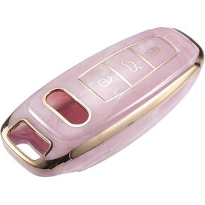 Key Fob Cover Compatible for Audi Q7 2020-2021, 3 Button Porcelain Pattern Soft TPU Pink Remote Keyless Smart Key Fob Case Protection Shell