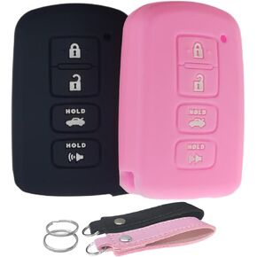 Silicone Key Fob Cover Remote Keyless Case Protector Compatible with Toyota Avalon Camry Corolla Highlander RAV4 - 4 Buttons ((Black + Pink)