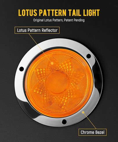 Partsam 2Pcs 4 Inch Round LED Trailer Lights Yellow/Amber Lotus Pattern with Strobe Function Warning Turn Signal Running Tail Light Lamps Chrome Bezel Waterproof Connector 12V IP65 in Kuwait