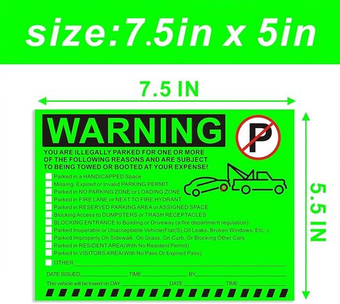 ملصقات تحذيرية لوقوف السيارات غير القانوني - إشعارات انتهاك مواقف السيارات باللون الأخضر النابض بالحياة - لاصق الصقها وانسىها - 50 قطعة من ملصقات انتهاك مواقف السيارات الخاصة لنوافذ السيارات - مقاس 5.5 × 7.5 بوصة. in Kuwait