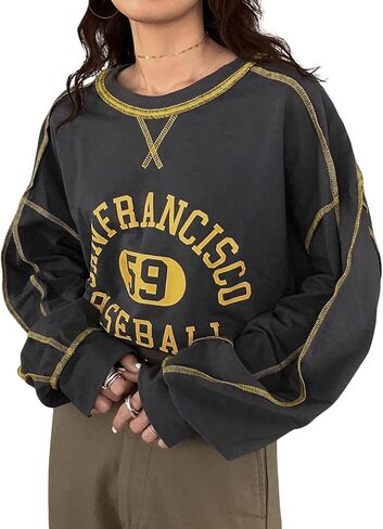 Floerns Women's Graphic Contrast Binding Crew Neck Sweatshirt Long Sleeve Oversized Pullover Top in Saudi Arabia