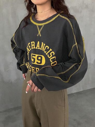Floerns Women's Graphic Contrast Binding Crew Neck Sweatshirt Long Sleeve Oversized Pullover Top in Saudi Arabia