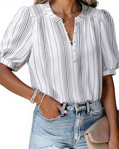 Women's Summer Tops Dressy Casual Short Lantern Sleeve V Neck Buttons Front Chiffon Blouses Work Shirts in Saudi Arabia