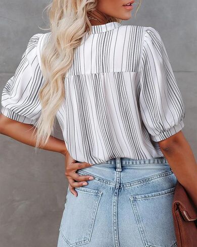 Women's Summer Tops Dressy Casual Short Lantern Sleeve V Neck Buttons Front Chiffon Blouses Work Shirts in Saudi Arabia