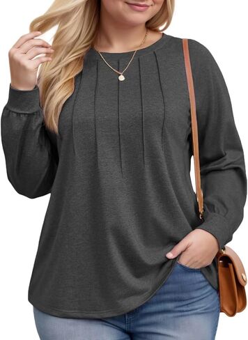 ROSRISS Womens-Plus-Size-Tops Trendy Pleated Long Sleeve Shirts Casual Loose Fit Crewneck Tunics Cute Dressy Blouses XL-5XL in Kuwait
