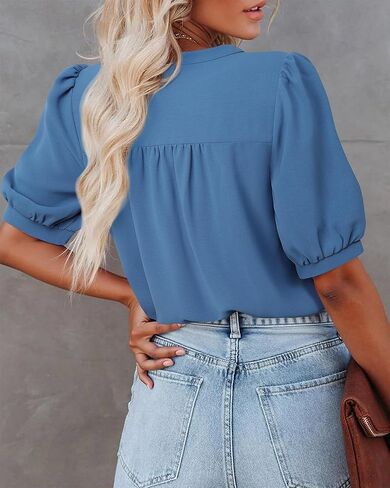 Women's Summer Tops Dressy Casual Short Lantern Sleeve V Neck Buttons Front Chiffon Blouses Work Shirts in Saudi Arabia