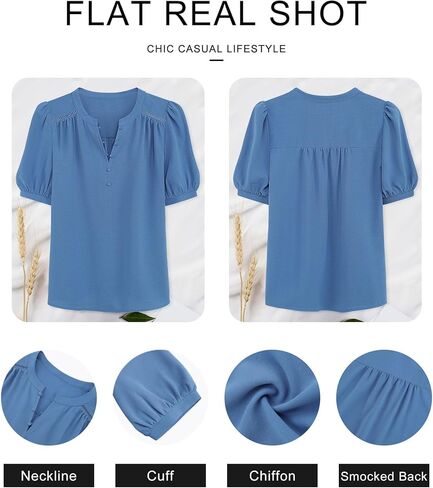 Women's Summer Tops Dressy Casual Short Lantern Sleeve V Neck Buttons Front Chiffon Blouses Work Shirts in Saudi Arabia
