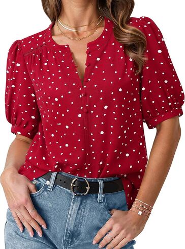 Women's Summer Tops Dressy Casual Short Lantern Sleeve V Neck Buttons Front Chiffon Blouses Work Shirts in Saudi Arabia