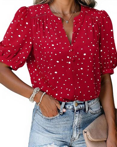 Women's Summer Tops Dressy Casual Short Lantern Sleeve V Neck Buttons Front Chiffon Blouses Work Shirts in Saudi Arabia