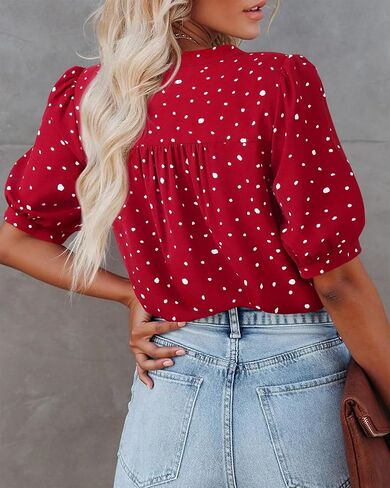 Women's Summer Tops Dressy Casual Short Lantern Sleeve V Neck Buttons Front Chiffon Blouses Work Shirts in Saudi Arabia