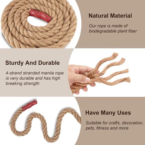 Natural Jute Manila Rope, Twisted 4 Strand Fiber Hemp Rope for Sports, Decor, Pet Toys, Crafts, Tug of War, Fitness, Indoor Outdoor Use, (1/2" x 49 ft) in Kuwait