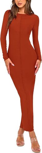 فستان خريف PRETTYGARDEN للسيدات 2024، مثير بأكمام طويلة، فساتين طويلة ضيقة للحفلات الراقصة (أحمر قرميدي، متوسط) in Kuwait