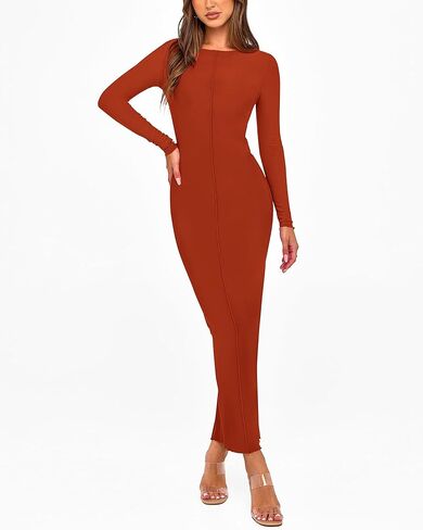 فستان خريف PRETTYGARDEN للسيدات 2024، مثير بأكمام طويلة، فساتين طويلة ضيقة للحفلات الراقصة (أحمر قرميدي، متوسط) in Kuwait