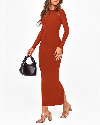 فستان خريف PRETTYGARDEN للسيدات 2024، مثير بأكمام طويلة، فساتين طويلة ضيقة للحفلات الراقصة (أحمر قرميدي، متوسط) in Kuwait