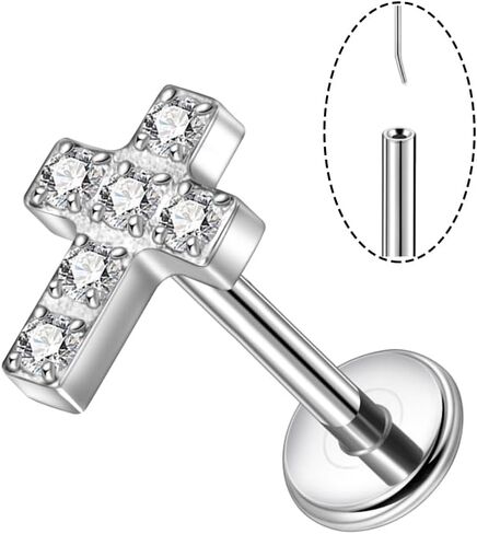 Lantine 1Pcs Cross Cz Threadless Push in Nose Rings Studs Implant Grade Titanium Flat Back Stud Earrings Lip Labret Medusa Monroe Helix Daith Cartilage Tragus Conch Lobe Piercing Jewelry in Saudi Arabia