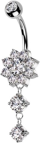 Pierced Owl 14GA 316L Stainless Steel CZ Crystal Flower with Dangling Double Gem Drop Belly Button Ring in Saudi Arabia