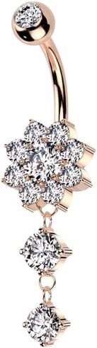 Pierced Owl 14GA 316L Stainless Steel CZ Crystal Flower with Dangling Double Gem Drop Belly Button Ring in Saudi Arabia