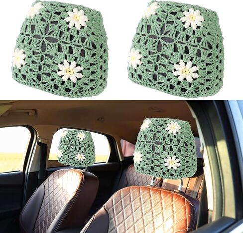 Crochet Seat Headrest Cover, Car Seat Pillow Protector, Cute Daisy Car Accessories for Women, Universal Seat Cover Boho Car Decor Fit Sedans,SUVs,Trucks-2 Packs (Blue-White Daisy) in Saudi Arabia