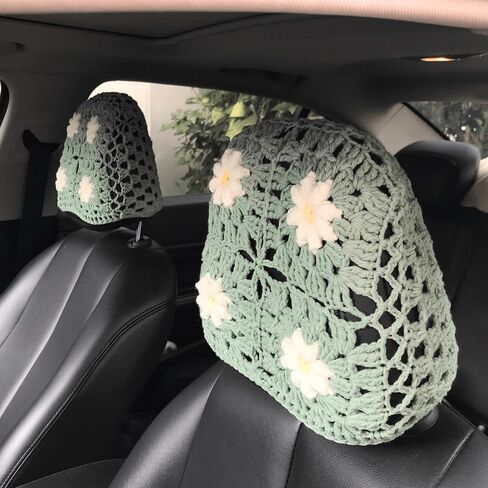 Crochet Seat Headrest Cover, Car Seat Pillow Protector, Cute Daisy Car Accessories for Women, Universal Seat Cover Boho Car Decor Fit Sedans,SUVs,Trucks-2 Packs (Blue-White Daisy) in Saudi Arabia
