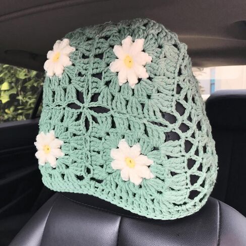 Crochet Seat Headrest Cover, Car Seat Pillow Protector, Cute Daisy Car Accessories for Women, Universal Seat Cover Boho Car Decor Fit Sedans,SUVs,Trucks-2 Packs (Blue-White Daisy) in Saudi Arabia