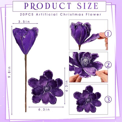 20 Pcs Christmas Glitter Poinsettia Magnolia Flowers Ornaments Large Heads Artificial Magnolia Flowers for Christmas Tree Xmas Wreath Holiday Wedding Decor (Purple) in Saudi Arabia