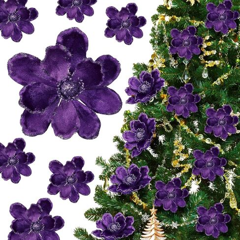 20 Pcs Christmas Glitter Poinsettia Magnolia Flowers Ornaments Large Heads Artificial Magnolia Flowers for Christmas Tree Xmas Wreath Holiday Wedding Decor (Purple) in Saudi Arabia